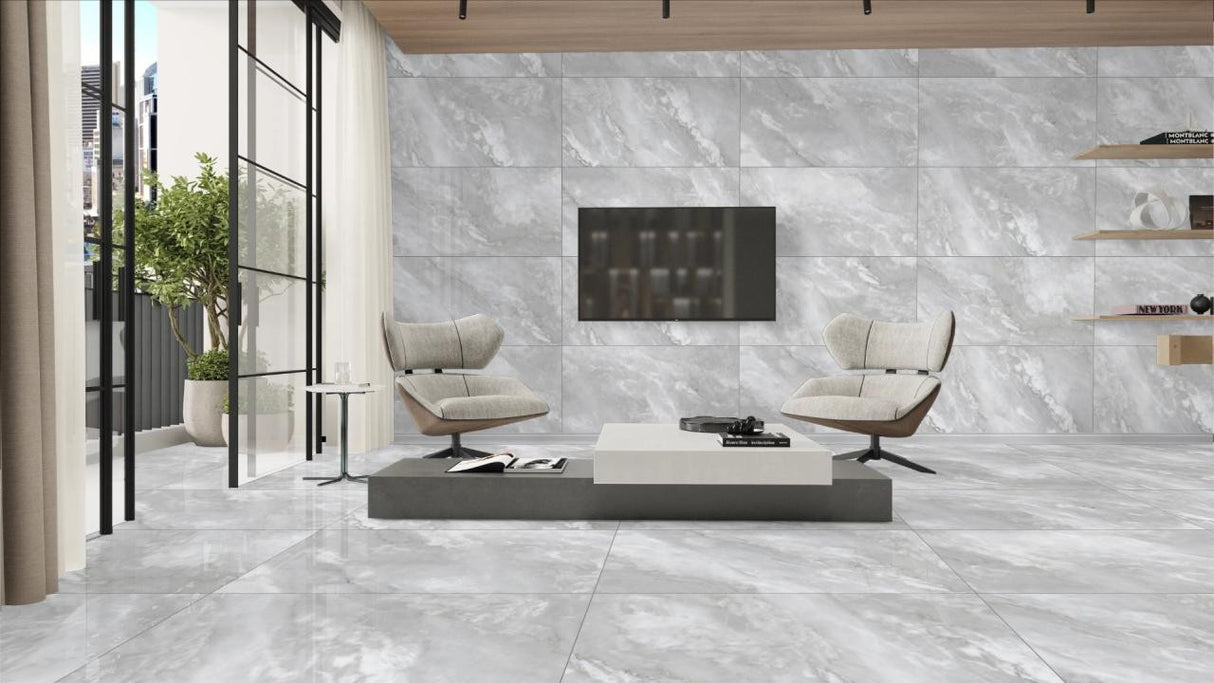 Monsoon Grey 24x48 Polished Marble Look Porcelain Tile