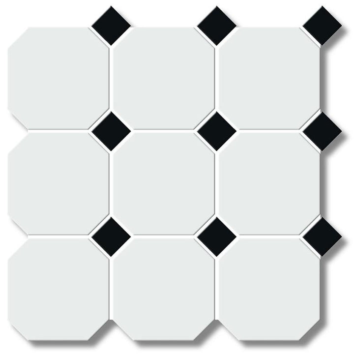 White 4" Octagon with Black Dot Porcelain Mosaic Tile 12x12 Sheet