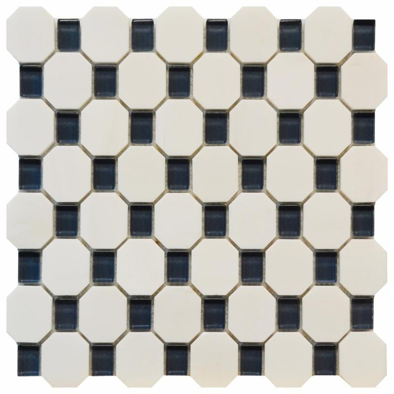 White Marble Blue Glass Octagon Mosaic Tile 12x12 Sheet