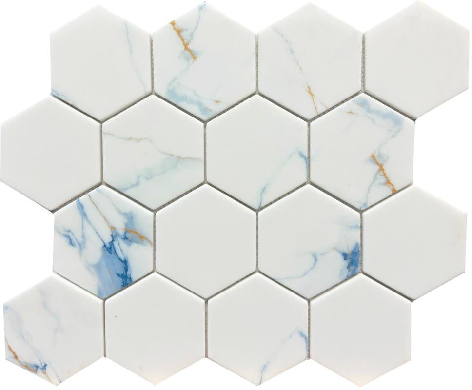 Calacatta Blue 3" Hex Glass Mosaic Tile 12x10 Sheet