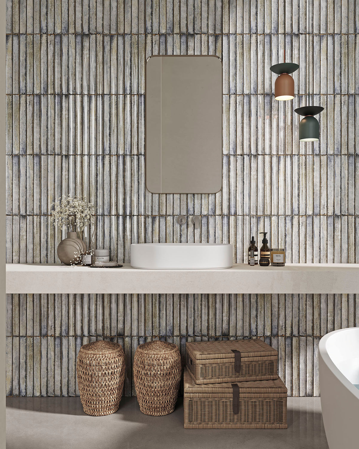 Delta Beige Glossy 5x13 ceramic tile shown in a bathroom setting behind a vanity