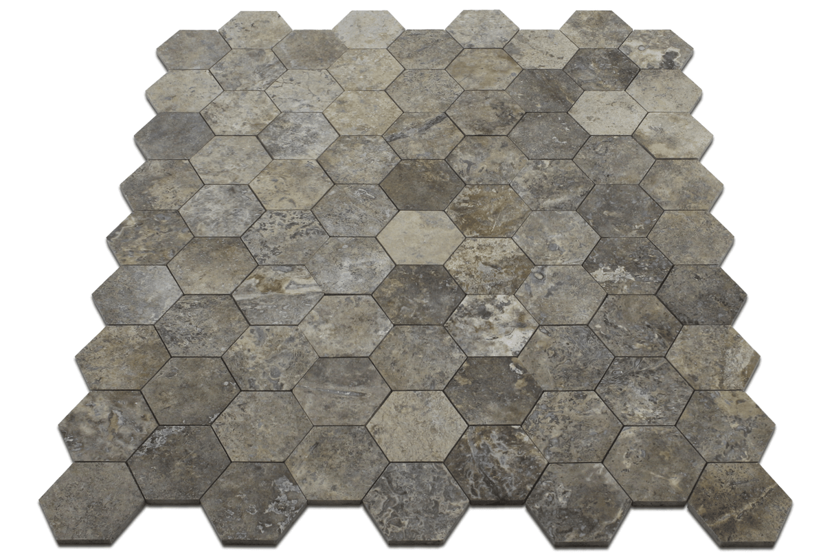 angled view of our Silver Travertine Large Honeycomb Mosaic Tile