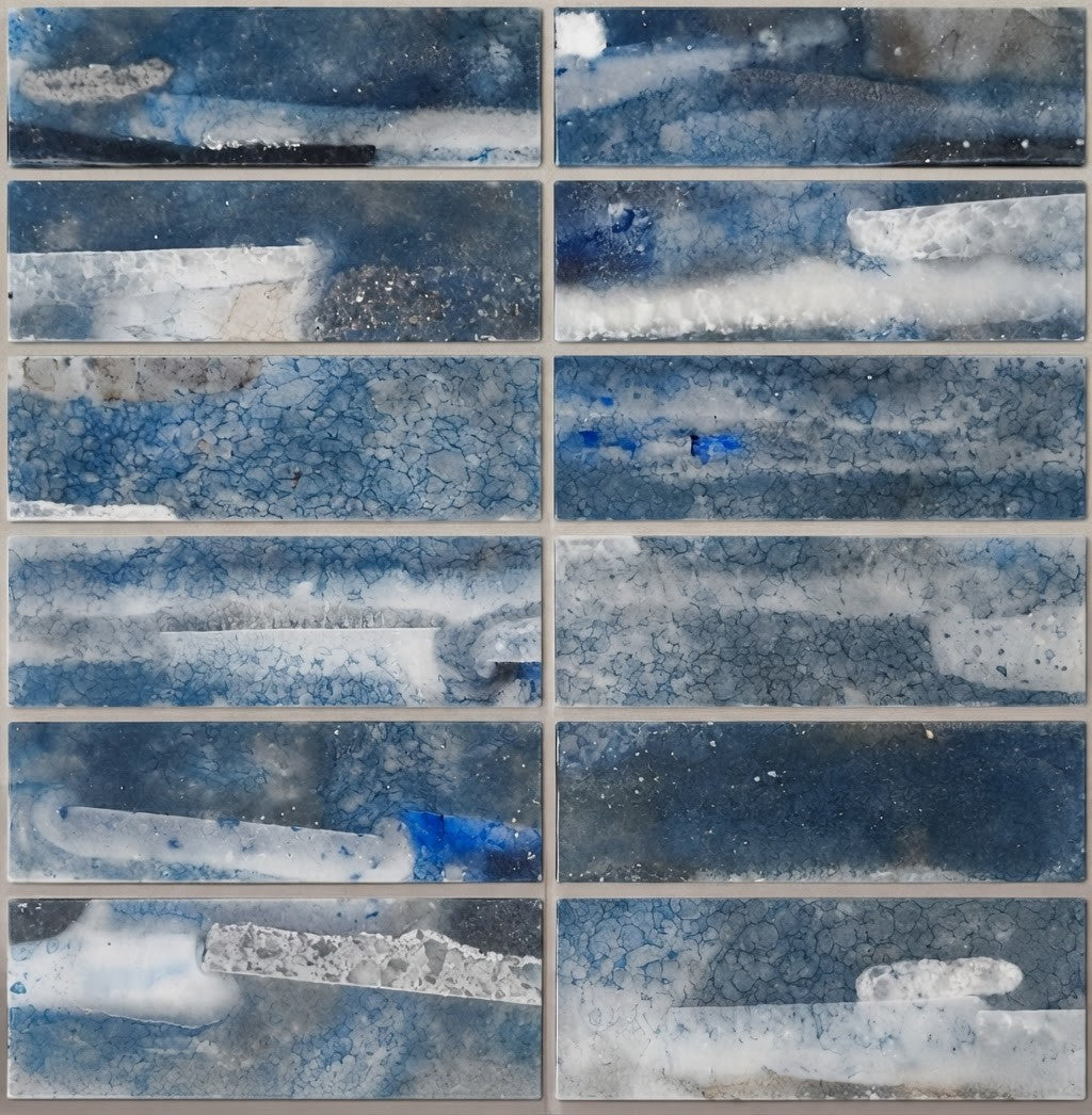 Caleido Marino 2x6 glass mosaic tile 12x12 sheet, deep blue glass bricks with cloudy white streaks and crackle texture