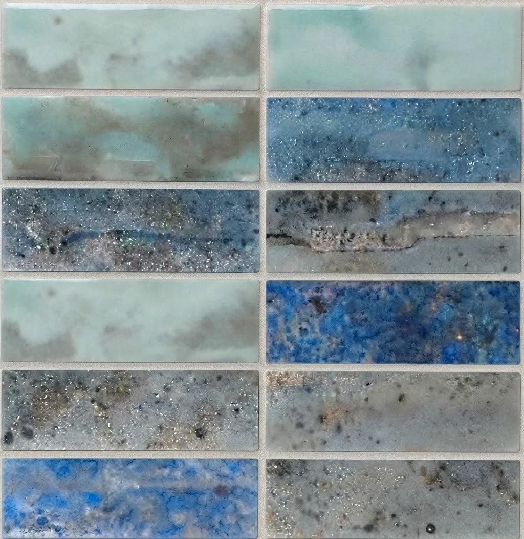 Caleido Jade 2x6 glass mosaic tile 12x12 sheet, mix of sea-glass jade, blue, and speckled grey glass bricks