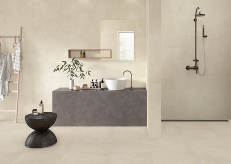 Scarlet Soft Ivory matte large-format porcelain bathroom with walk-in shower — spa-like walls with fewer grout lines