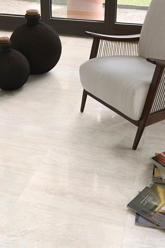 Travertino Navona Bianco 12x24 Polished Travertine Look Porcelain Tile