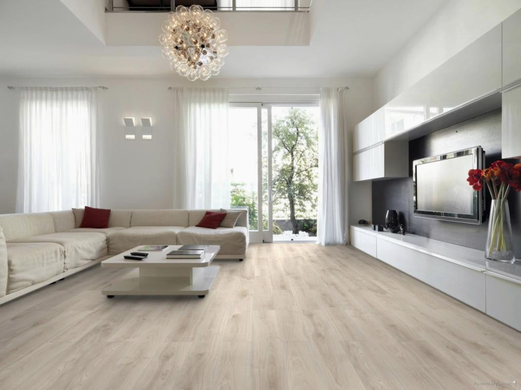 Wood look porcelain tile floor in a modern home living room.