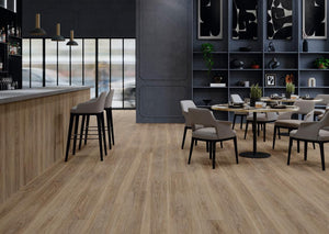 Modern office area with a wood-look porcelain tile floor from Spain