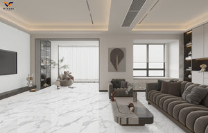 Modern living room featuring large scale porcelain tile floor with gray sofa, coffee table, and decorative elements.