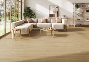 Updated living space with Spanish porcelain wood look tile floor