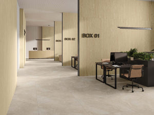 Modern office interior with desks featuring Spanish Porcelain Wood look tile on the walls.