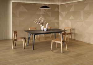 Updated dining area with modern patterned porcelain wall tile from Spain