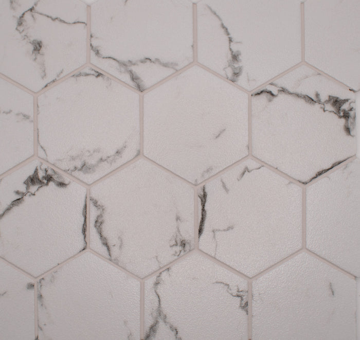 Carrara 3" Hex Glass Mosaic Tile 10x12 Sheet 1