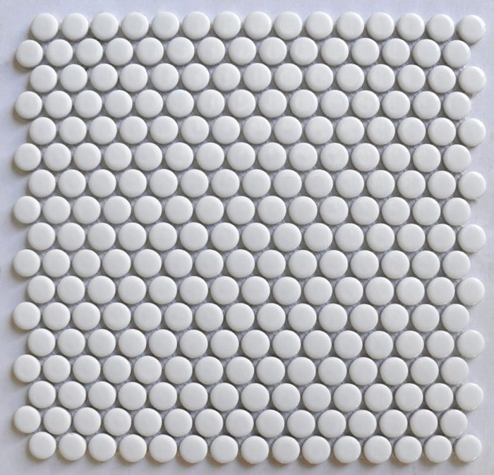 White Penny Round Glossy Porcelain Mosaic Tile 12x12 Sheet 1
