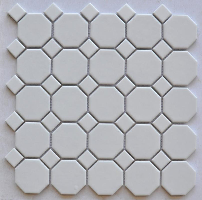 White 2" Octagon with White Dot Porcelain Mosaic Tile 12x12 Sheet 1