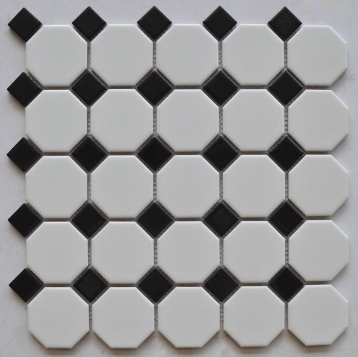 White 2" Octagon with Black Dot Porcelain Mosaic Tile 12x12 Sheet 1