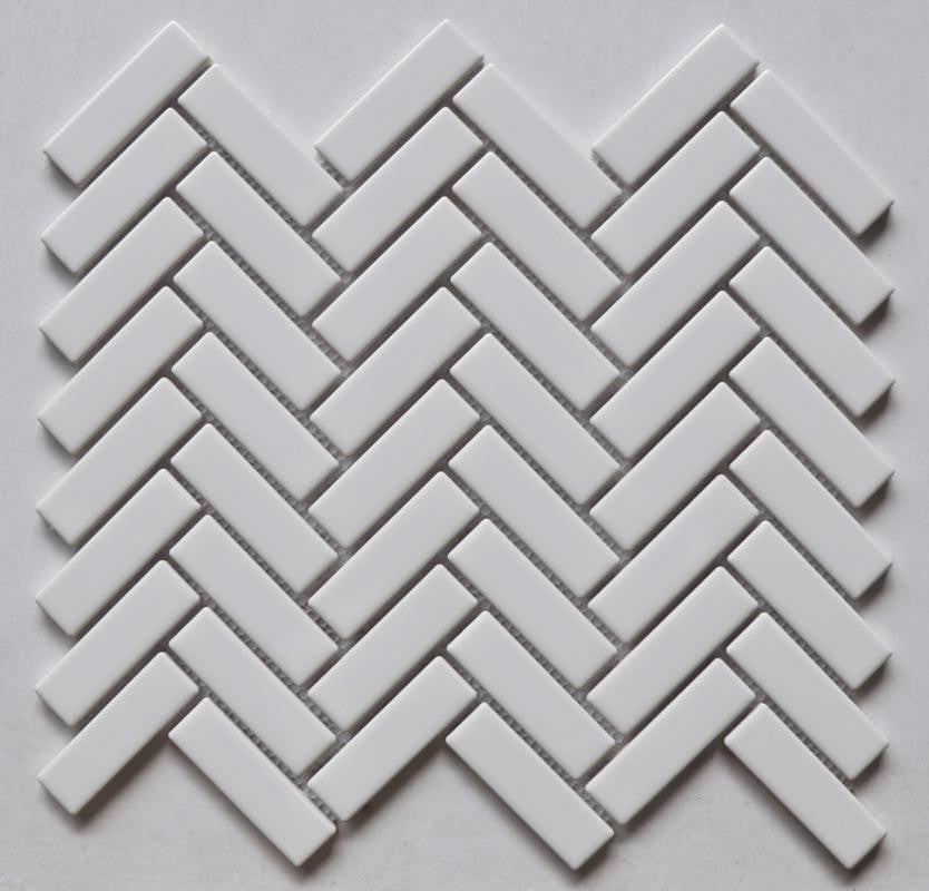White Glossy Herringbone Porcelain Mosaic Tile 11x11 Sheet