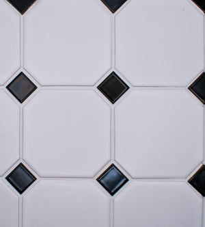 White 4" Octagon with Black Dot Porcelain Mosaic Tile 12x12 Sheet