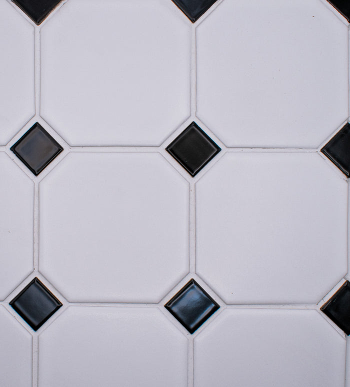 White 4" Octagon with Black Dot Porcelain Mosaic Tile 12x12 Sheet 1