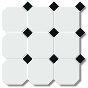 White 4" Octagon with Black Dot Porcelain Mosaic Tile 12x12 Sheet