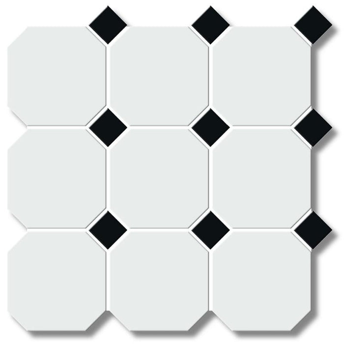 White 4" Octagon with Black Dot Porcelain Mosaic Tile 12x12 Sheet 2
