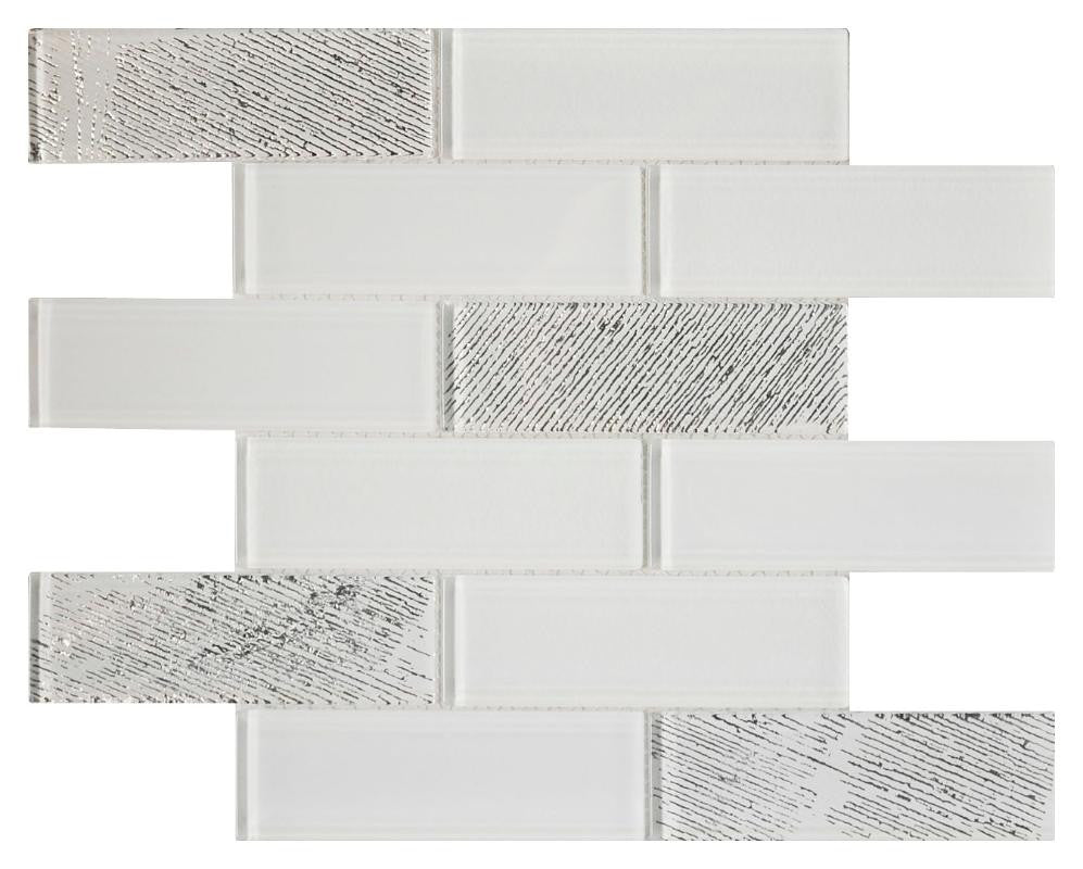 White Metallic 2x6 Glass Mosaic Tile 12x12 Sheet