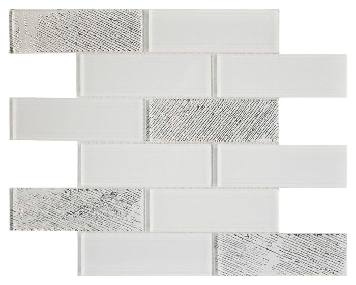 White Metallic 2x6 Glass Mosaic Tile 12x12 Sheet 1