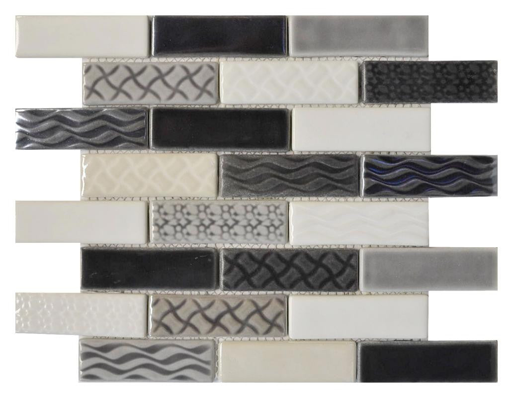 Greyscale 1x3 Textured Glass Mosaic Tile 12x12 Sheet