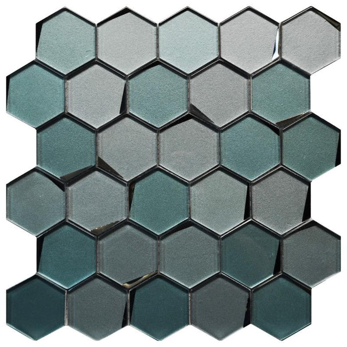 Teal Blend 3" Hex Beveled Glass Mosaic Tile 12x12 Sheet 1