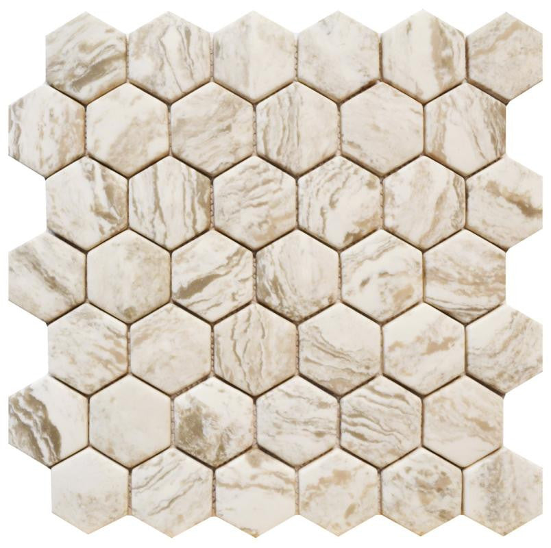 Marble Cream 2" Hex Glass Mosaic Tile 12x12 Sheet