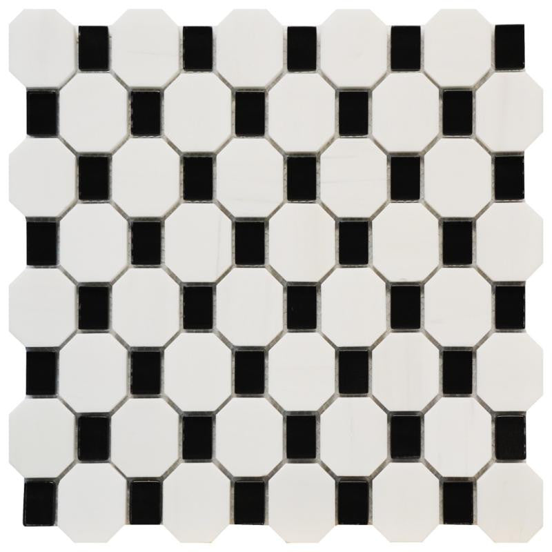White Marble Black Glass Octagon Mosaic Tile 12x12 Sheet