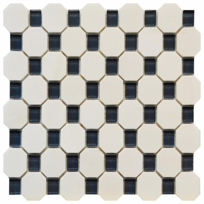 White Marble Blue Glass Octagon Mosaic Tile 12x12 Sheet 1
