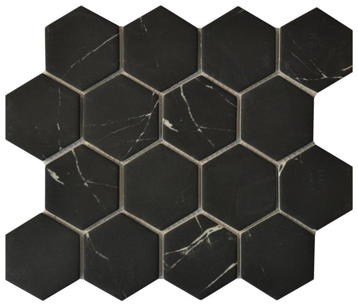 Nero Marquina 3" Hex Glass Mosaic Tile 12x12 Sheet 1