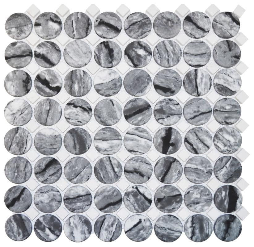 Charcoal Marble Penny Round Glass Mosaic Tile 12x12