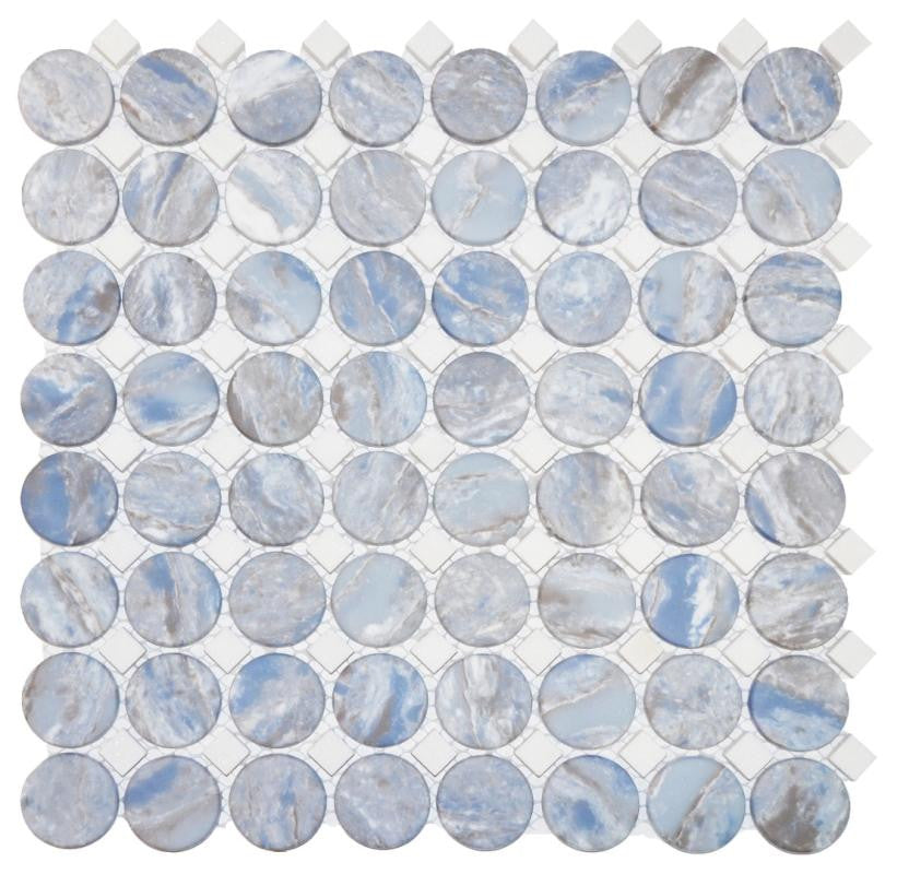 Blue Marble Penny with Dot Glass Mosaic Tile 12x12 Sheet