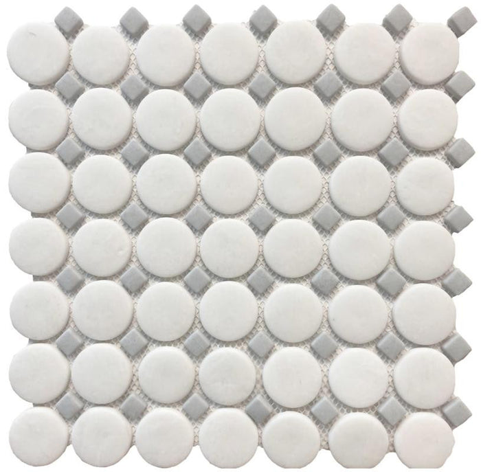 Penny Round White with Grey Dot Mosaic Tile 12x12 1
