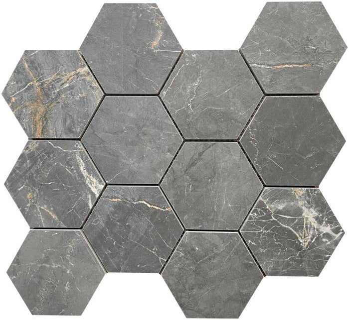 Charme Black 4" Hexagon Porcelain Mosaic Tile 12x13 1