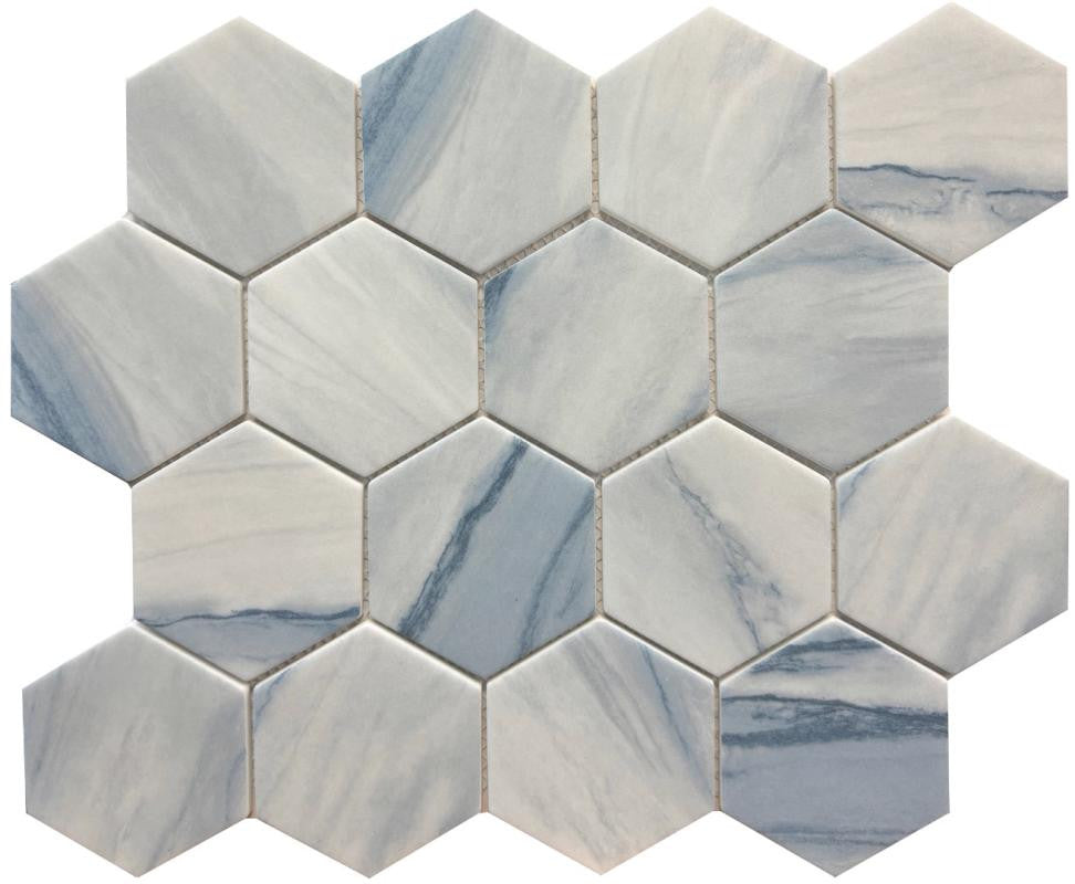 Blue Wave 3" Hex Glass Mosaic Tile 12x10 Sheet