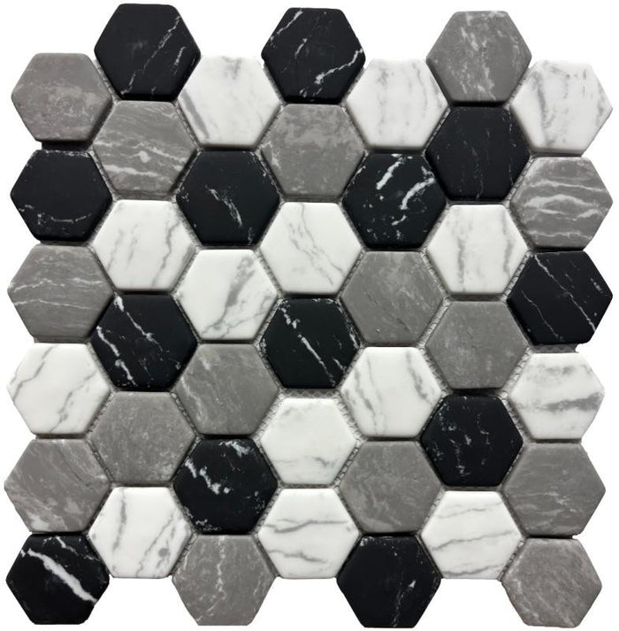 White Black and Grey 2" Hex Glass Mosaic Tile 12x12 Sheet 1