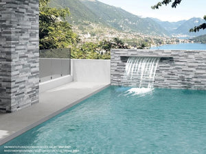Outdoor pool use of our Tiffany 3D Grey 6x24 Ledger-Look Wall Tile