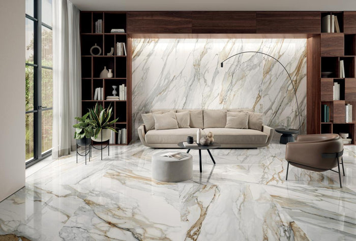 Panel de Porcelana con Apariencia de Mármol Perpetual Venato Gold Pulido 48x109 2