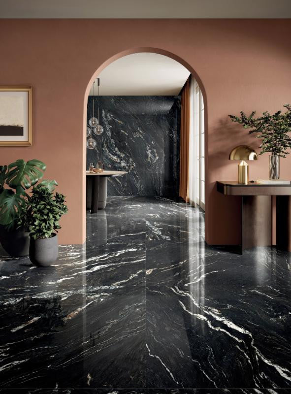 Perpetual Belvedere Dark Polished 48x109 Marble Look Porcelain Slab