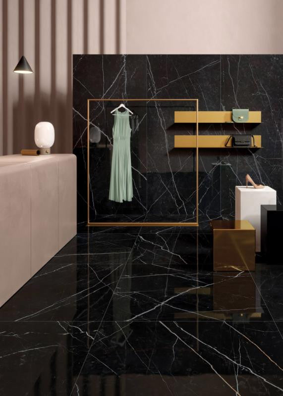 Azulejo de porcelana pulido Marquina Nero 48x102 efecto mármol Delight 4