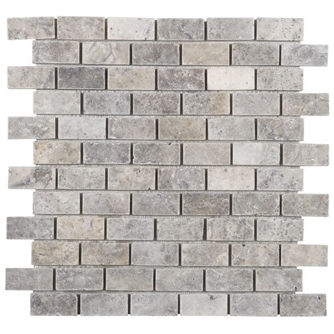 Silver Travertine 1x2 Brick Mosaic Tumbled Tile 12x12 Sheet