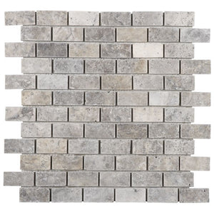 Silver Travertine 1x2 Brick Mosaic Tumbled Tile 12x12 Sheet