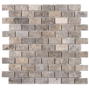 Silver Travertine 1x2 Brick Mosaic Tumbled Tile 12x12 Sheet