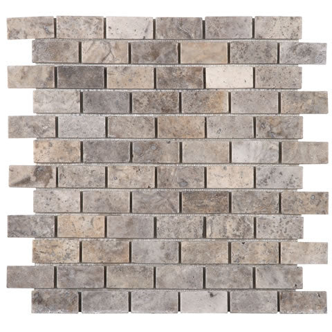 Silver Travertine 1x2 Brick Mosaic Tumbled Tile 12x12 Sheet 2