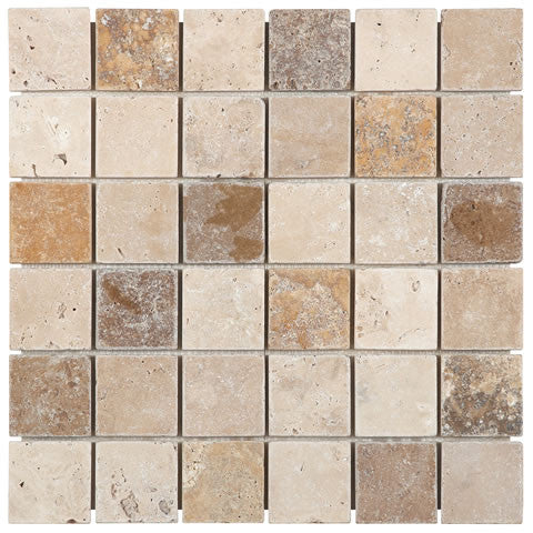 Classic Gold and Noce Travertine 2x2 Tumbled Mosaic Tile 12x12 1