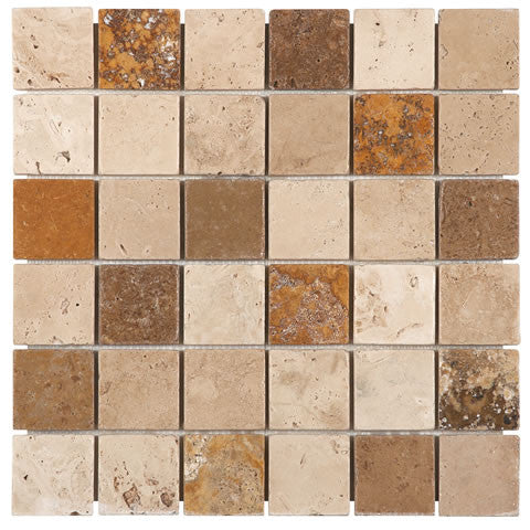 Classic Gold and Noce Travertine 2x2 Tumbled Mosaic Tile 12x12 2