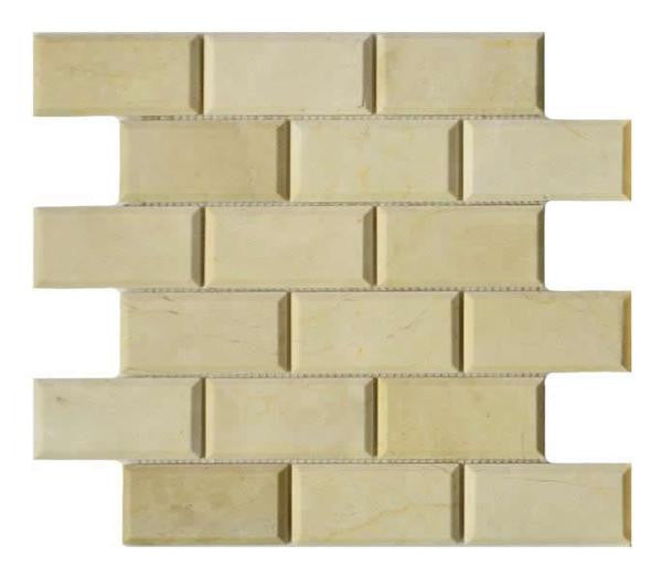 Mosaico de mármol Crema Marfil 2x4 tipo ladrillo biselado en lámina de 12x12 1